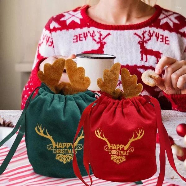 Pedra de presente 10pcs bolsas de Natal de veludo de veludo apresenta alces Antlers Rena Packing para uma festa de festas de natal Decoração de embrulho