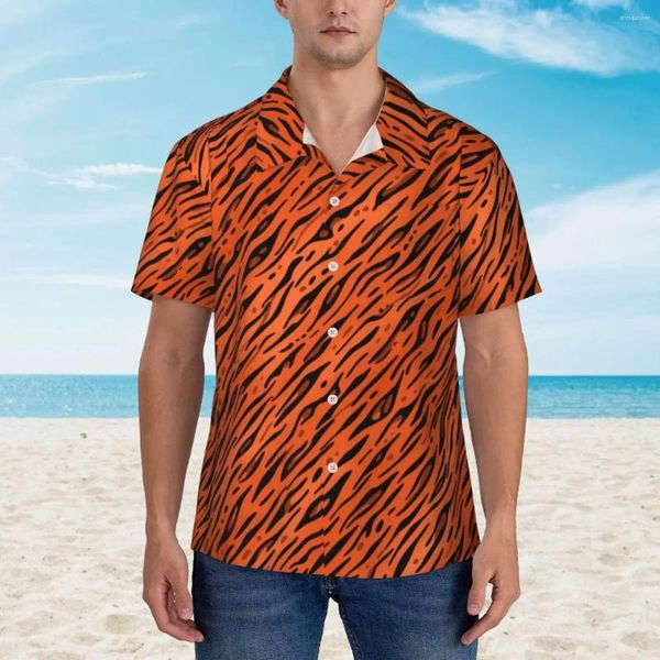 Camisas casuais masculinas Hawaii Camisa Beach Animal Bloups Animais Tigre laranja Tigre Tigre Vintage Macho de mangas curtas de mangas curtas Roupas de moda