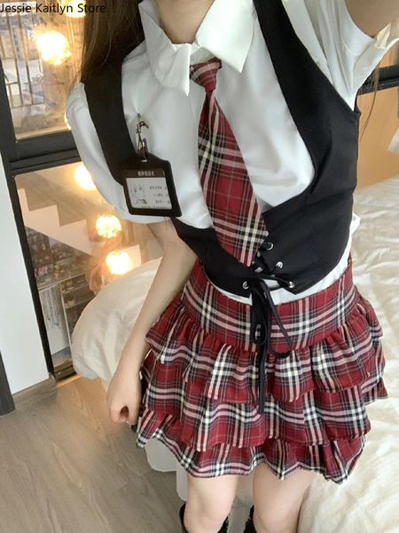 Japanes Kawaii School Girl Uniform estilo coreano Doce doce cosplay jk uniforme de verão mini colete preto e saia xadrez conjuntos de 2023
