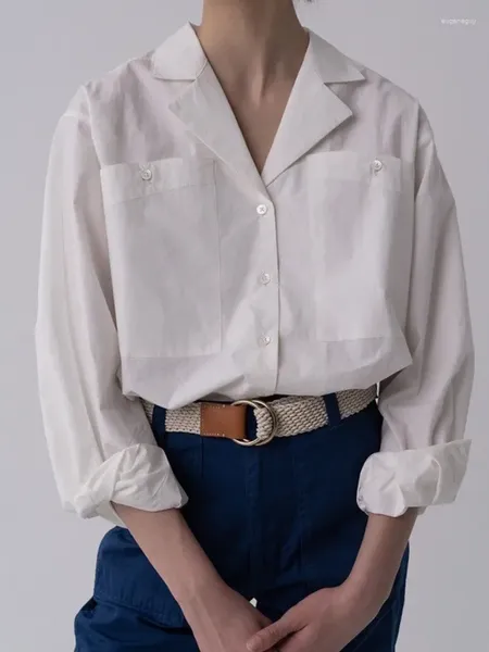 Kadın Bluzları 2024 İlkbahar ve Yaz Büyük Cep Takım Yaka Beyaz Gevşek Uzun Kollu Kadın Gömlek