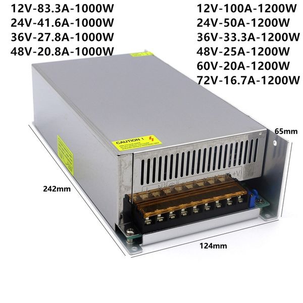 Transformador AC 220V para DC 48V 36V 24V 12V Fonte de alimentação de comutação 1000W 1200W 1500W 12 24 36 48 V Volt Fonte de alimentação Smps SMPS