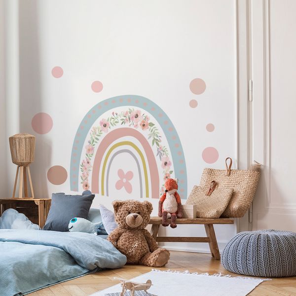 Decalques de parede de flor de arco -íris de aquarela grande descascam e colarem adesivo auto -adesivo adesivo de parede de arco -íris colorido para decoração de quarto crianças crianças