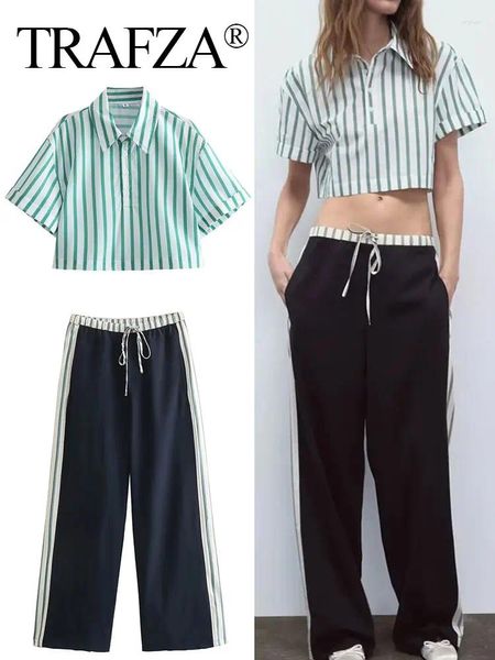 Zweiteilige Hosen Trafza Frühling Frauen gestreifter Bluse Hose Anzug kurzärmeligknopf schlanke geschnittene Hemden Patchwork Seitenstreifen Hosen Hose