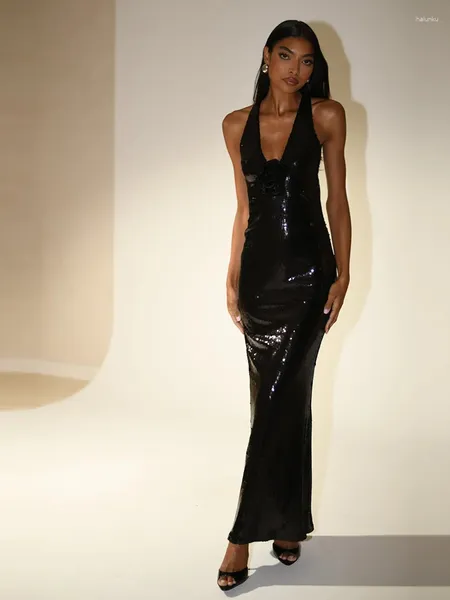 Lässige Kleider Frauen schwarz V-Ausschnitt Luxus-Paillette Maxi Kleid elegante sexy ärmellose 3D Blumenkörper Promi-Party-Landebahnkleider