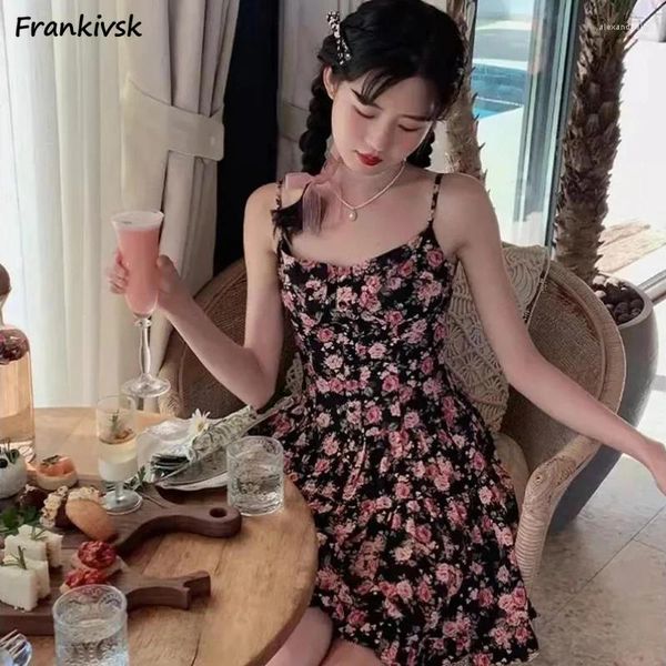 Lässige Kleider Frauen Sommer Blumenblumen Schöner koreanischer Stil sexy schwarze Mode atmungsaktiv
