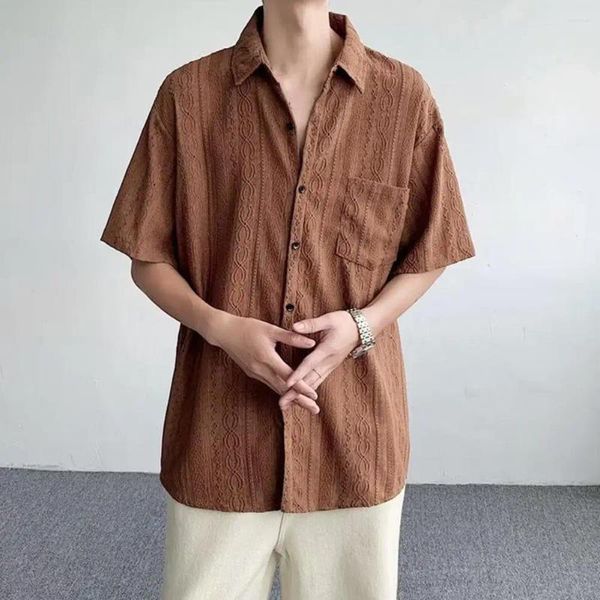 Camisas casuais masculinas Men Button-Up Hollow Out Festa transmissora com o Clube de Streetwear de bolso de bolso do peito retrô para masculino