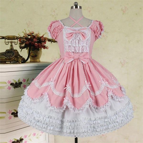 Sıradan elbiseler tatlı pembe lolita elbise bayanlar siyah bowknot pilili A-line doğum günü kıyafetleri Noel cosplay kadın tatil seyahat robi