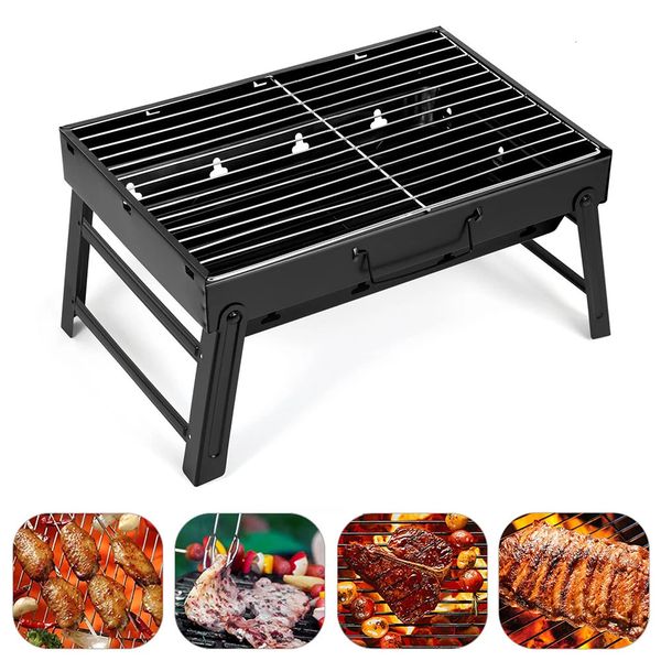 Tragbares BBQ Charcoal Grill Edelstahl kleiner Mini BBQ Tool Kit Outdoor Cooking Camping Picknick Strand Tragbarer Grill 240409