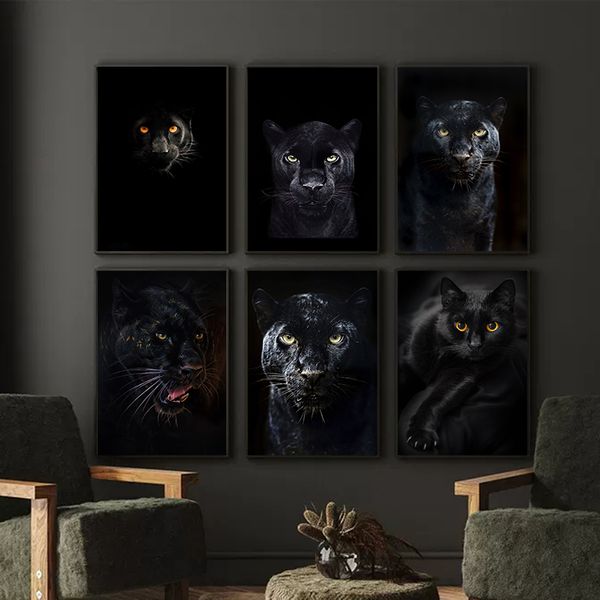Siyah Kedi Leopar Panther Portre Poster Tuval Resimleri Vintage Hayvan Nordic Duvar Sanatı Oturma Odası Ev Dekoru