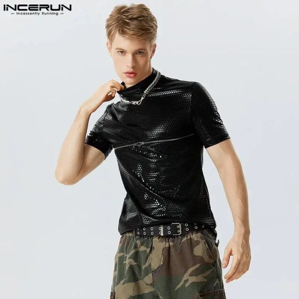 Shows de festa Tops Incerun New Men Men Hot Sale Half High Neck Flash Fabric T-Shirt