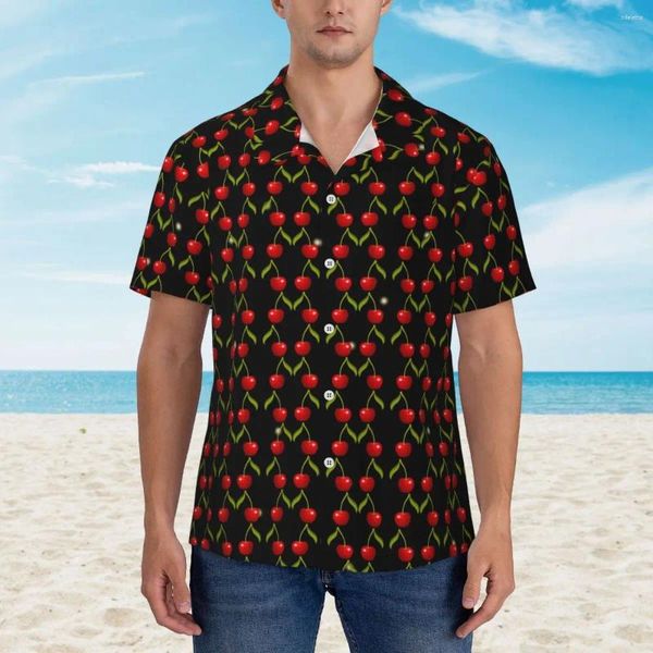 Camisas casuais masculinas Shiny Cherries Camisa de férias masculina impressão de frutas vermelhas verão de verão