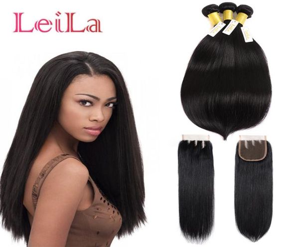 Cabelo humano brasileiro 3 pacotes com fechamento de renda 4x4 4Pieces Hair teceis lisos com encerramento do meio de três partes do bebê Hair2581264