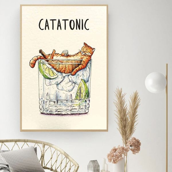 Lustige Katze in Cocktail -Trinkabdrücken und Plakate moderne Heim Wohnzimmer Haustier Bar Küchendekor Vintage Painting Cat Liebhaber Geschenk