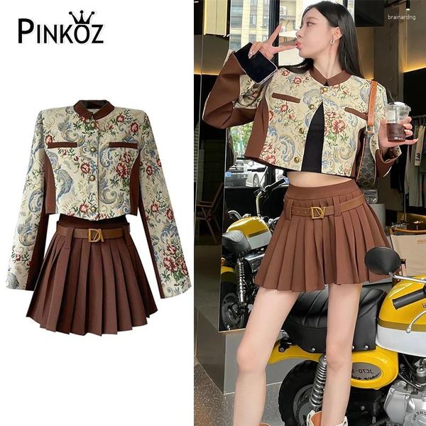 Arbeitskleider Pinkoz Runway Designer Zwei Stücke Set Vintage Painting Jacquard Single Breaced Knöpfe Jacke Mini Faltenrock mit Blet