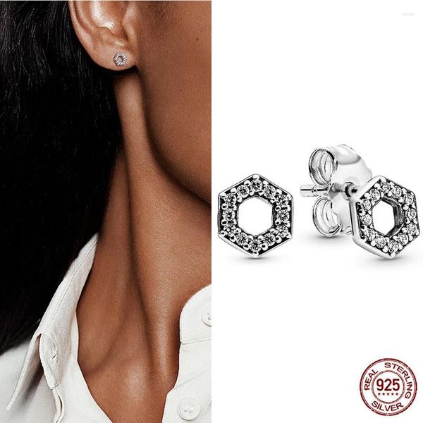 Brincos de garanhão fo mel de hexagono brilhante para mulheres Real 925 Sterling Silver Inseto Jóia de zircão Girl Bijoux Presente