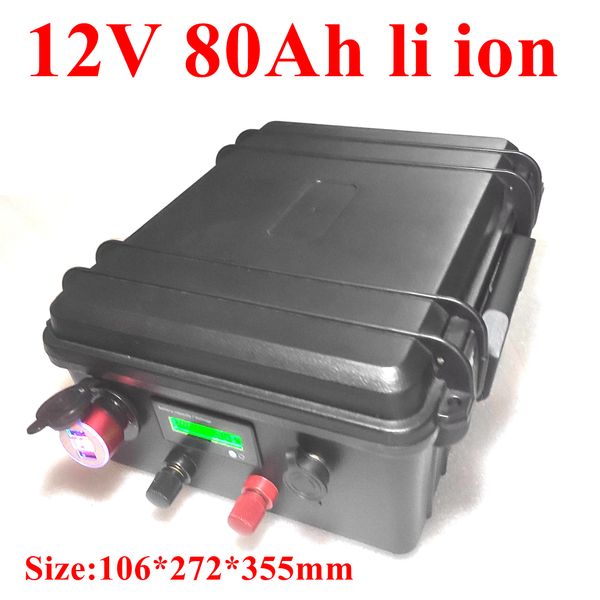 Batteria al litio da 12 V 80Ah 100a bm per la batteria da pesca elettrica da 12 V USB batteria di stoccaggio di energia solare +caricabatterie 10A