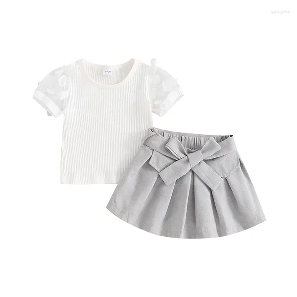 Kleidungssets Sommerkinder Kleinkind Girl Outfit Rippen Blumengitter Kurzarm T-Shirts Tops Falten Röcke Gürtelkleidung Set Set