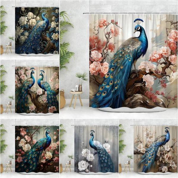 Duschvorhänge Pfauen Vorhang Tropische botanische Tierfeder Blumenblatt Aquarelldruck Polyester Stoff Badezimmer Dekor Set Set