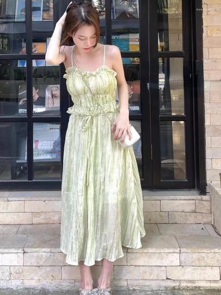Abiti casual Chiffon Green Sweet Elegant Cingle Dress Women Lace-Up Midi vintage Midi Ladies Soft Retry Korean 2024 Summer