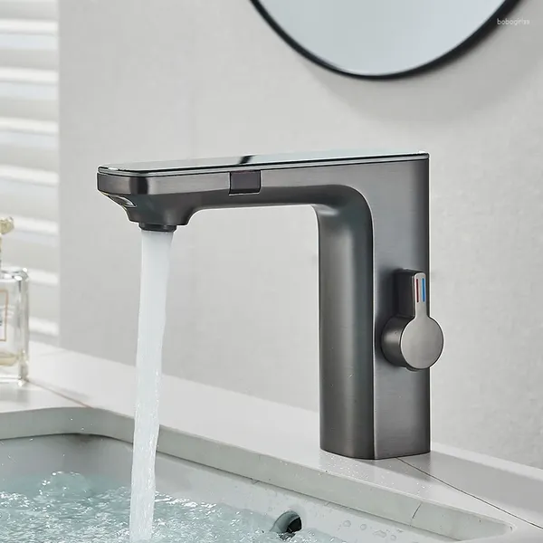 Waschbecken Wasserhähne Gun Grey Touchless Smart Sensor Basin Wasserhahn Digitalanzeige Bildschirm Kaltwassermischer Tippen Sie auf Waschtisch.