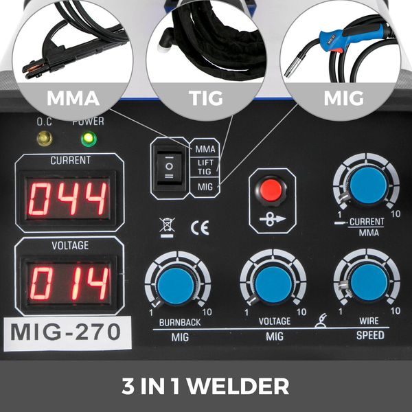 3 em 1 Máquina de soldagem TIG MMA MIG Welder IGBT Máquina de soldagem semi -automática MIG250 /270A ARC DO REVERSOR DE ARC