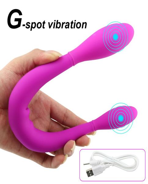 Double Dildo Dildo USB Charging Vibrador Silicone Lesbian Vagina Anal Vibrador G Clitóris de Clitoriador Intimado Mulher Sex Toy Y1324621