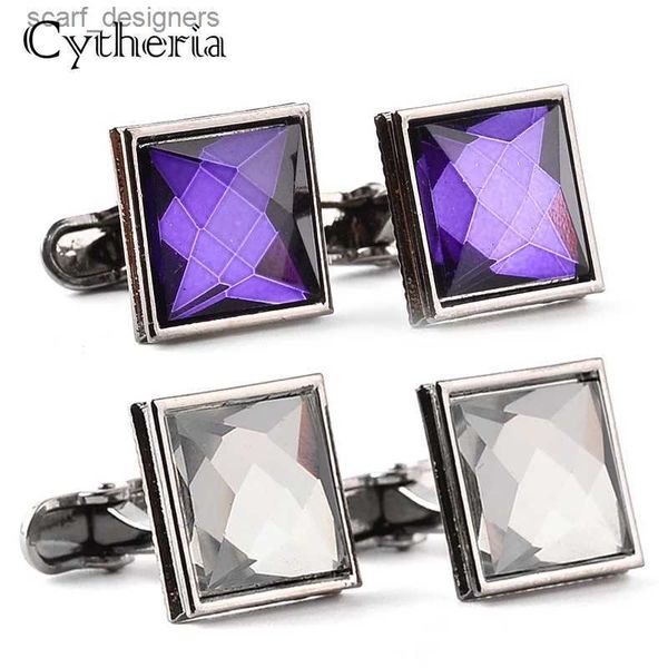 Link per cuffi gemelli in cristallo bianco viola per maschi di alta qualità per cuffi quadrati per cuffi da ufficio club cufflinks maschili pulsanti gioielli gemelos y240411