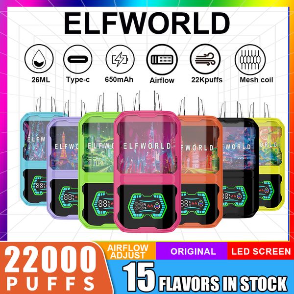 Elfworld 22000 Puff 22K одноразовый Vape Pen E Sigarette 650MAH Аккумуляторная аккумуляторная батарея 26 мл катушки катушки для катушки вар.