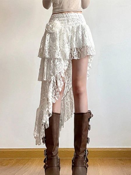 Saias de renda francesa Salia assimétrica Mulheres Y2K Vintage branco Vintage Bohemian Midi Ladies Clothing 2024