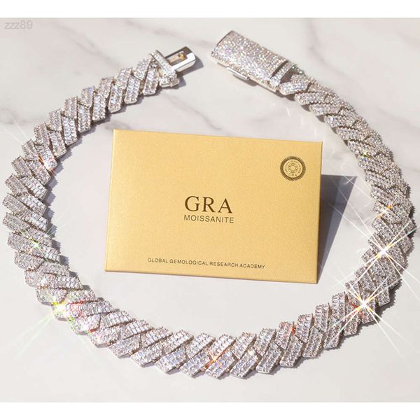 2024 Gra Baguettes Moissanit Diamant 20 mm breites Festsilber mit kubanischer Verknüpfungskette für Herren -Rapper Hip Hop Halskette