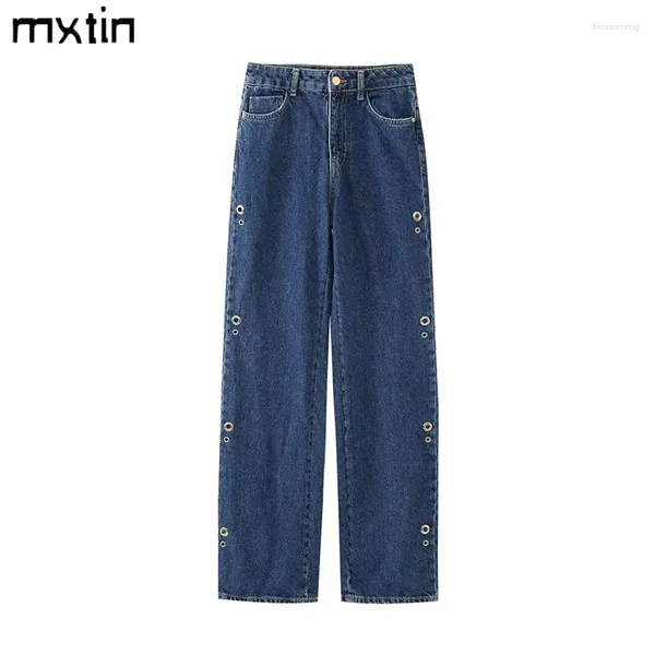 Frauen Jeans Herbst Vintage Blue Pockethose Modende Spring Straight Hohe Taille Streetwear Weibliche Hosen Pantalones de Mujer