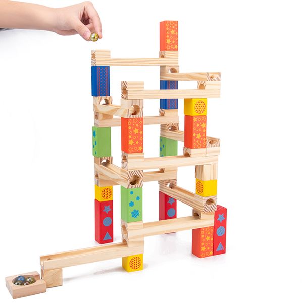 Marmor Ball Run Track Stack Bausteine 3D -Holzspielzeug Eltern Kinder Interaktives Spiel Kinder Montessori Bildungsspielzeug Geschenke