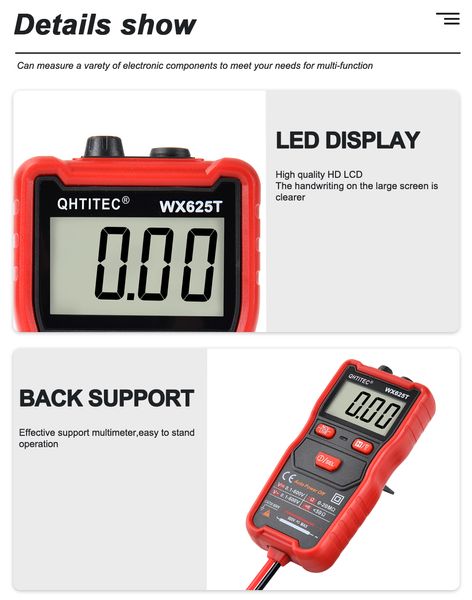 QHTITEC Dijital Multimetre LCD 625T Ekran Otomatik Değişen AC/DC Voltaj Ohm Taşınabilir Doğru Ekran Test Hattı ile Multimetro