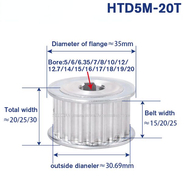 HTD 5M 20 Denti Timing Timing Chiave foro di portata 5 mm - 20 mm Moratura della puleggia Larghezza 10 15 20 20 mm Puca a cinghia per macchina CNC