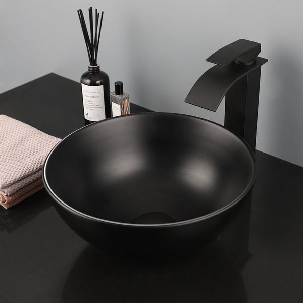 Zappo Modern Banyo Gemi Lavabo Yuvarlak Siyah Seramik Yıkama Havzası Lavabo Tezgah Tezgahı Banyolar Siyah Şelale Mikseri ile Lavabolar