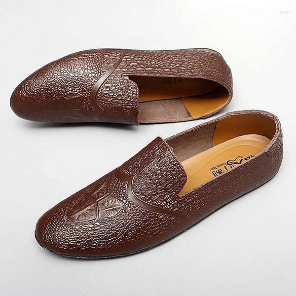 Sapatos casuais moda masculino apartamentos de couro genuíno mocassins macios mocassins de soluções não deslizantes de crocodilo de crocodilo barco