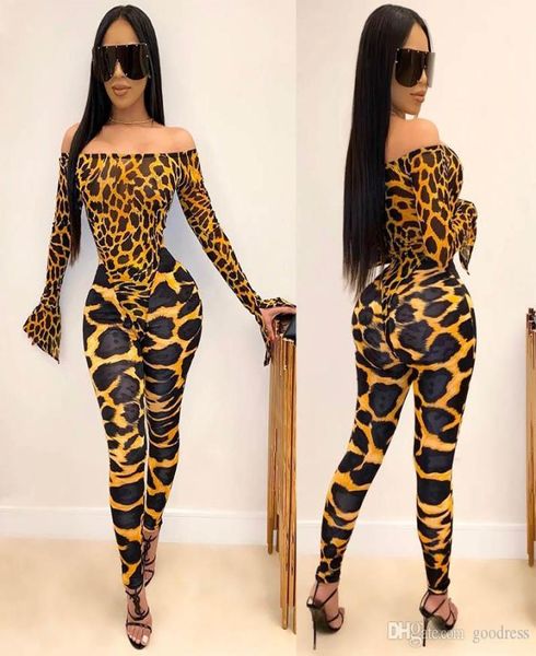 Frauen sexy Jumpsuit zweiteilige Outfits Set Rompers Leopard Snakeskin Off Schulter Leggings Hosen Bodysuit Clubwear Plus Size Clothi6564850