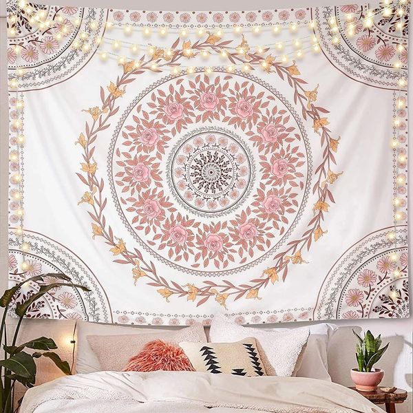 Mandala Tapestry Aesthetics Bohémien Wall Hanging Pink Flower Medal Art Hippie 240411