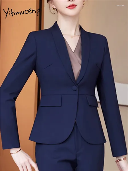 Ternos femininos Yitimuceng Blowt Blazers for Women 2024 Office Moda Ladies Turn Down Collar Coats Casual Longa Longa