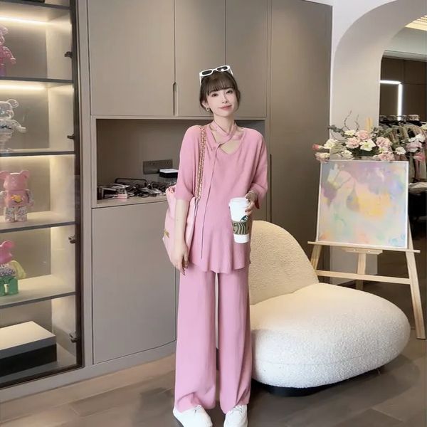 Black Pink Lose Mutterschaft Kleidung Set Frühlings Sommer koreanischer Stil Schwangere Frauenhosen Anzüge plus Größe Schwangerschaftshosen+Pullover