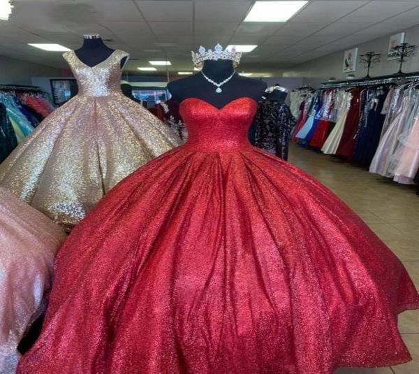 Funkelnde rote Quinceanera Kleider Pailletten Schatz Ausschnitt bodenlange maßgeschneiderte Prinzessin Prom Ball Kleid Süße 16 Geburtstag Par6376627