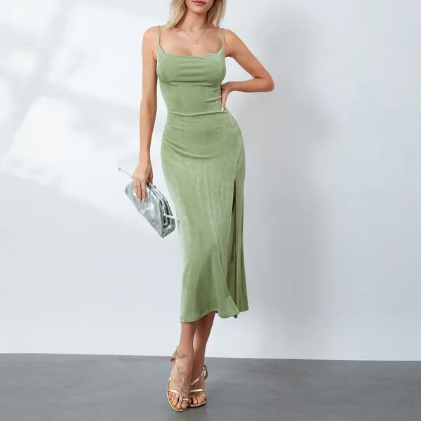 Lässige Kleider sexy Slip -Kleid Sommer grüne Feste Farbpaghetti -Gurt Rückenless Oberschenkel schlank schlanker Midi Frauenkleidung
