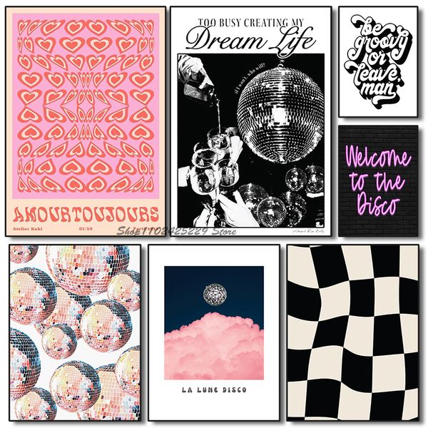 Винтажный 70 -х вдохновленный диско -шарик принт Baby Розовый эстетические смешные ретро -плакаты Canvas Printing Bar Bar Art