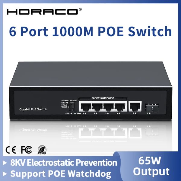 Switches Horaco 6 Port 1000m POE Switch Gigabit SFP -Port mit AI Watchdog VLAN, Lüfter ohne Netzwerkschalter für Überwachung, Poe -Kamera, AP