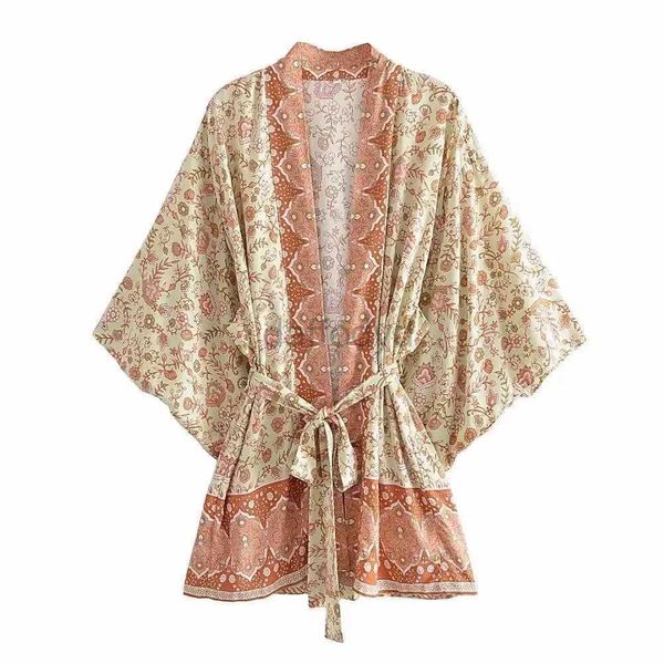 Kadınlar bluz gömlekleri kadın bohem çiçek baskı bluzları gevşek kimono üstleri kemer gömlekleri 240411