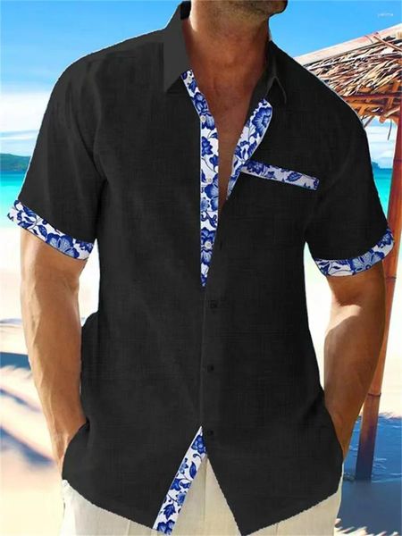 Camisas casuais masculinas camisa de linho preto moda havaiana colorida sólida praia de manga curta plus size casaco 7 verão s-5xl 2024