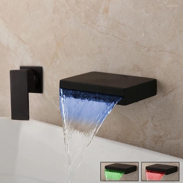 Rubinetti del lavandino da bagno a LED Fauct opaco nero bacino nero rubinetto a muro di cavalcata a cascata acqua cromata acqua