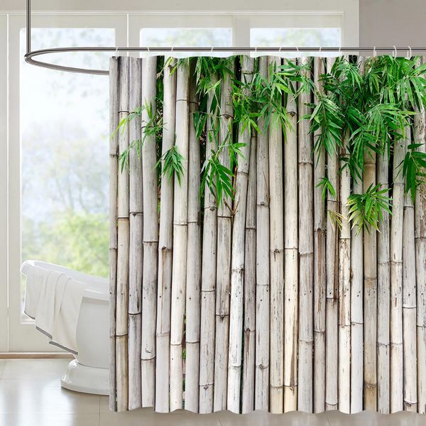 Bambus Duschvorhang grüne Blätter Pflanze Retro Hellbraun Badezimmer Dekor Set Home Polyester Stofftuch Vorhänge Haken Haken