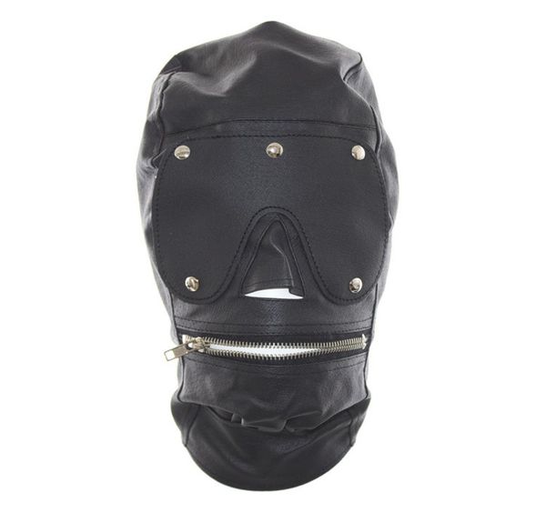 PU -Leder mit der vollständigen Gesichtsmaske mit Reißverschluss Mündung Open Slave Reißverschluss Mund vollständig geschlossene Kopfbedeckung für Rollenspiele sexy A3423521