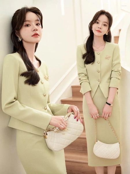 Vestido de duas peças Green redonda de pescoço redondo e saias lápis para mulheres trajes de senhora de escritório conjuntos brancos saia elegante 2 ropa de mujer